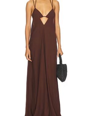 Spaghetti-Strap Chocolate Brown Cutout Maxi Dress